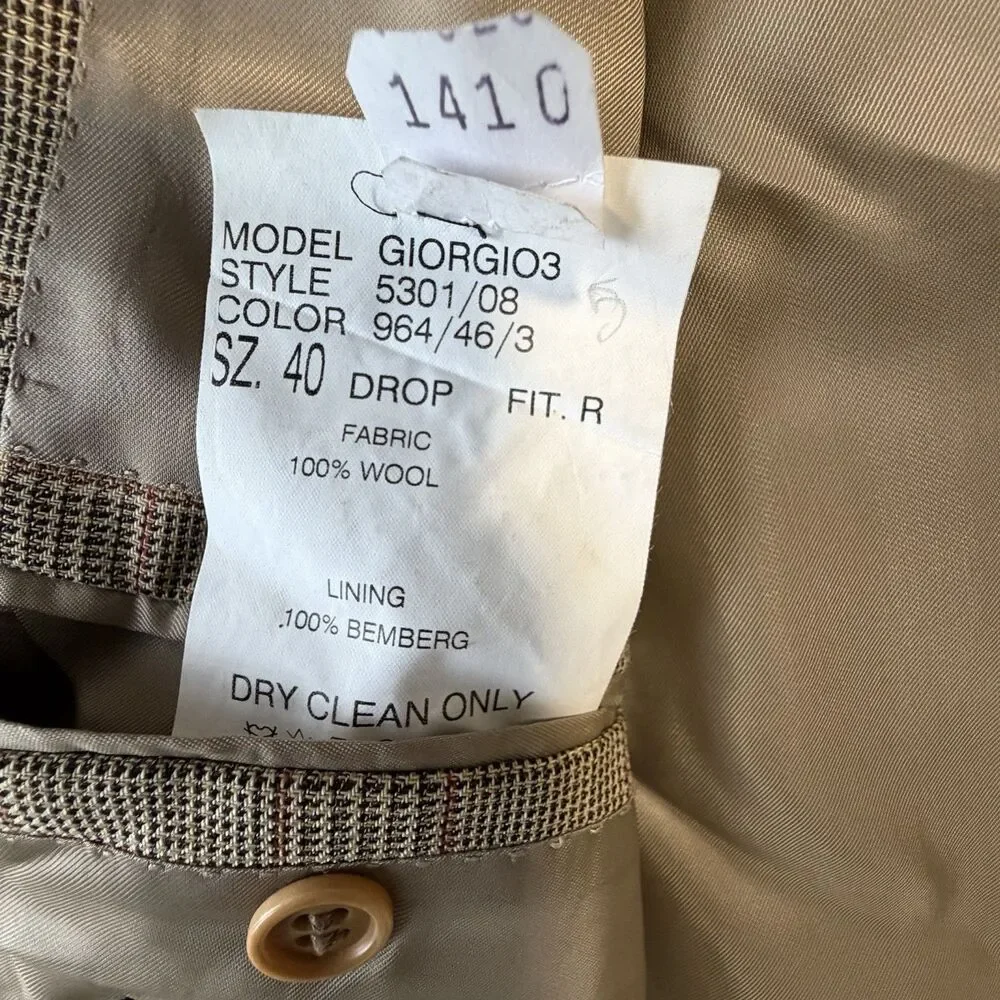 Vintage Santorelli Giorgio3 Mens 40R Wool Blazer Glen Plaid Made Italy 3 Button